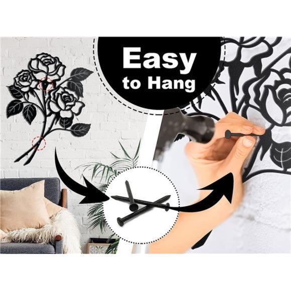 Rose Wall Decor Black Metal Art - Rose Flower Wall Decor Black Metal Wall Decor - Picture 6 of 7